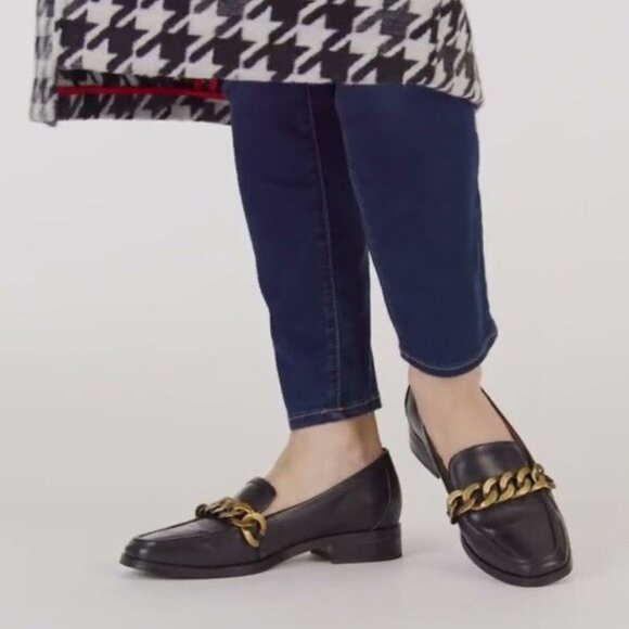 Vionic Mizelle Black Leather Loafer Comfort Arch Support Gold-Tone Chunky Chain - Picture 3 of 12